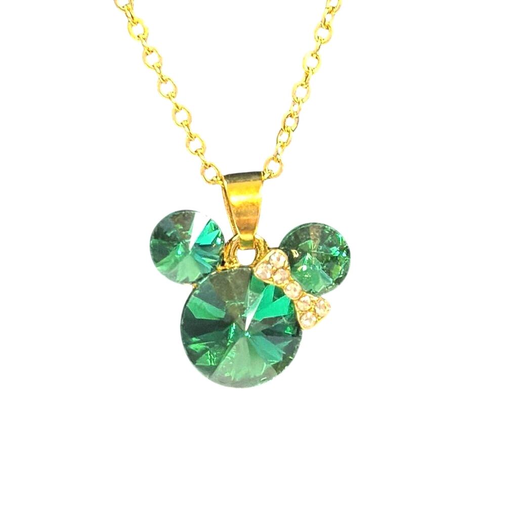 Minnie Mouse Inspired Green Crystal Pendant Necklace Gold Tone 18” + Extender